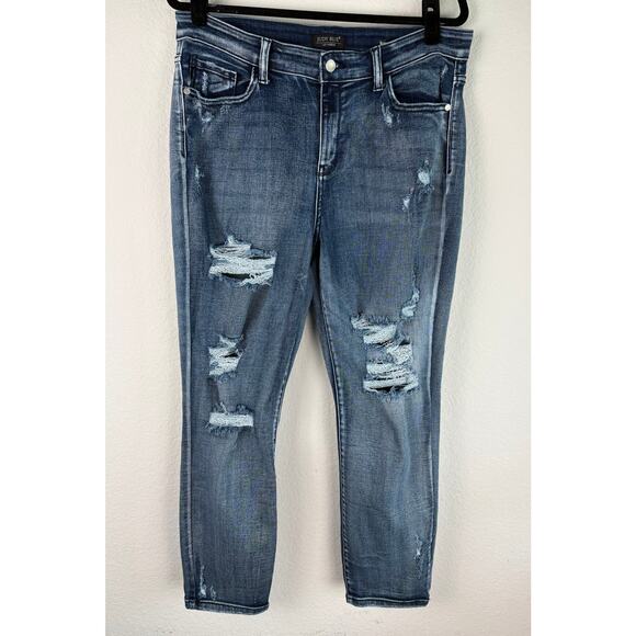 Judy Blue Women Jeans Boyfriend Fit Size 15/32 Straight Leg Distressed Stretchy - Picture 1 of 13